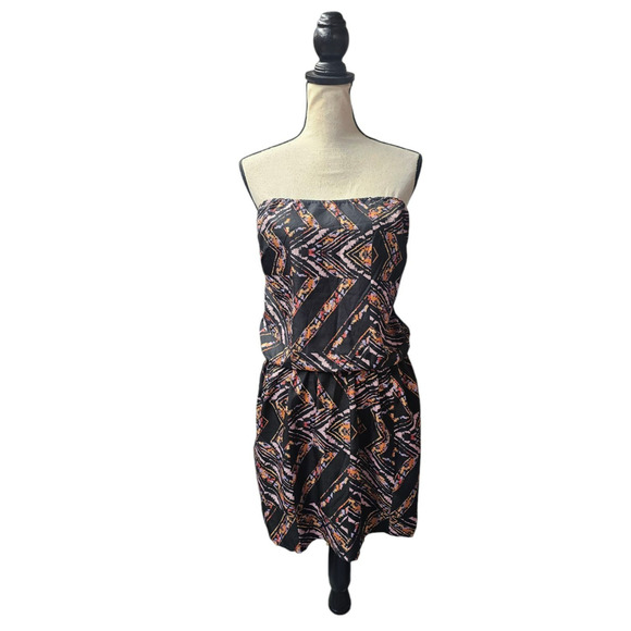 Y2K Billabong Strapless Dress Large Black Aztec Tribal Print Boho Festival Tube - Picture 1 of 10
